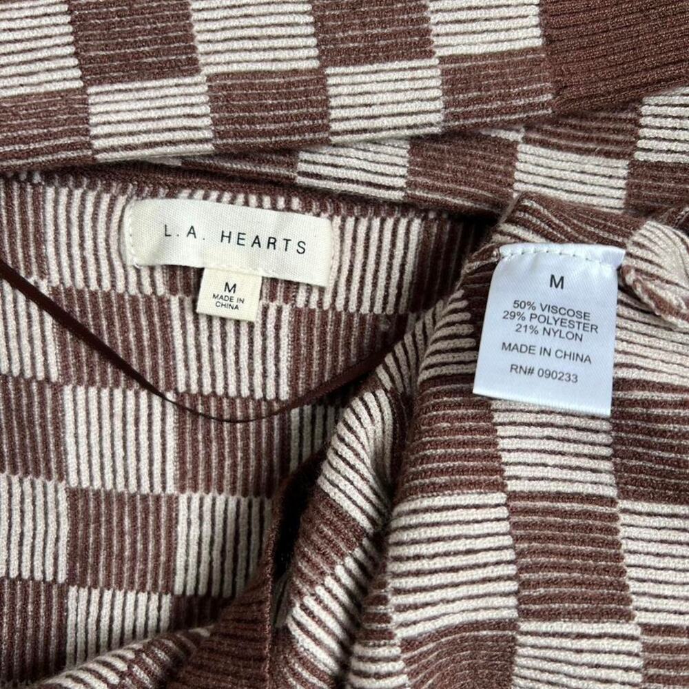 Brown Cream Checkered Knit Top Long Sleeve Fitted Scoop Neck Women’s Medium - Picture 3 of 3